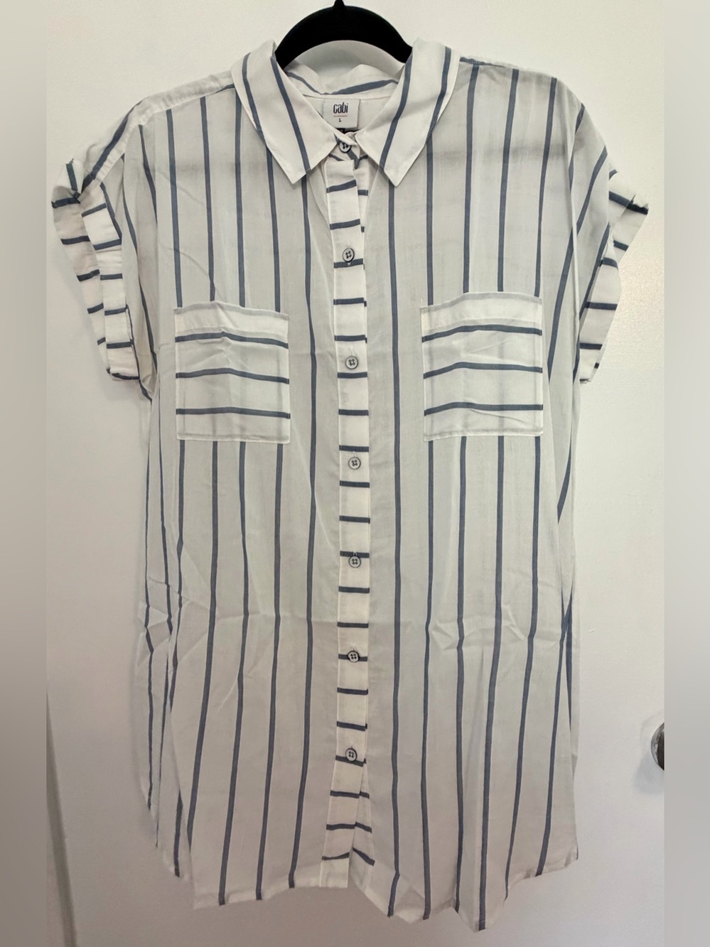 CAbi White Button-Down Tunic with Blue Vertical Stripes